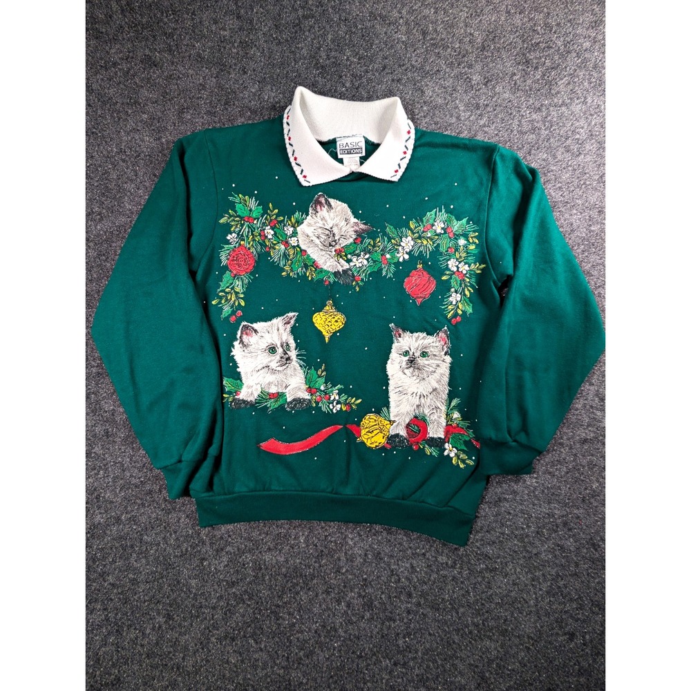 VTG Basic Editions Green Christmas Cat  Collared  Sweatshirt L Cottagecore